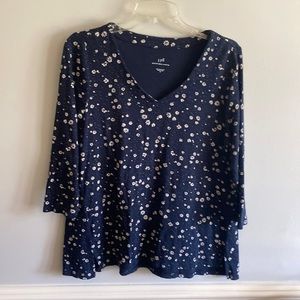 J. Jill Navy Blue White Floral 3/4 Sleeve Vneck Knit Pima Cotton Top Soft